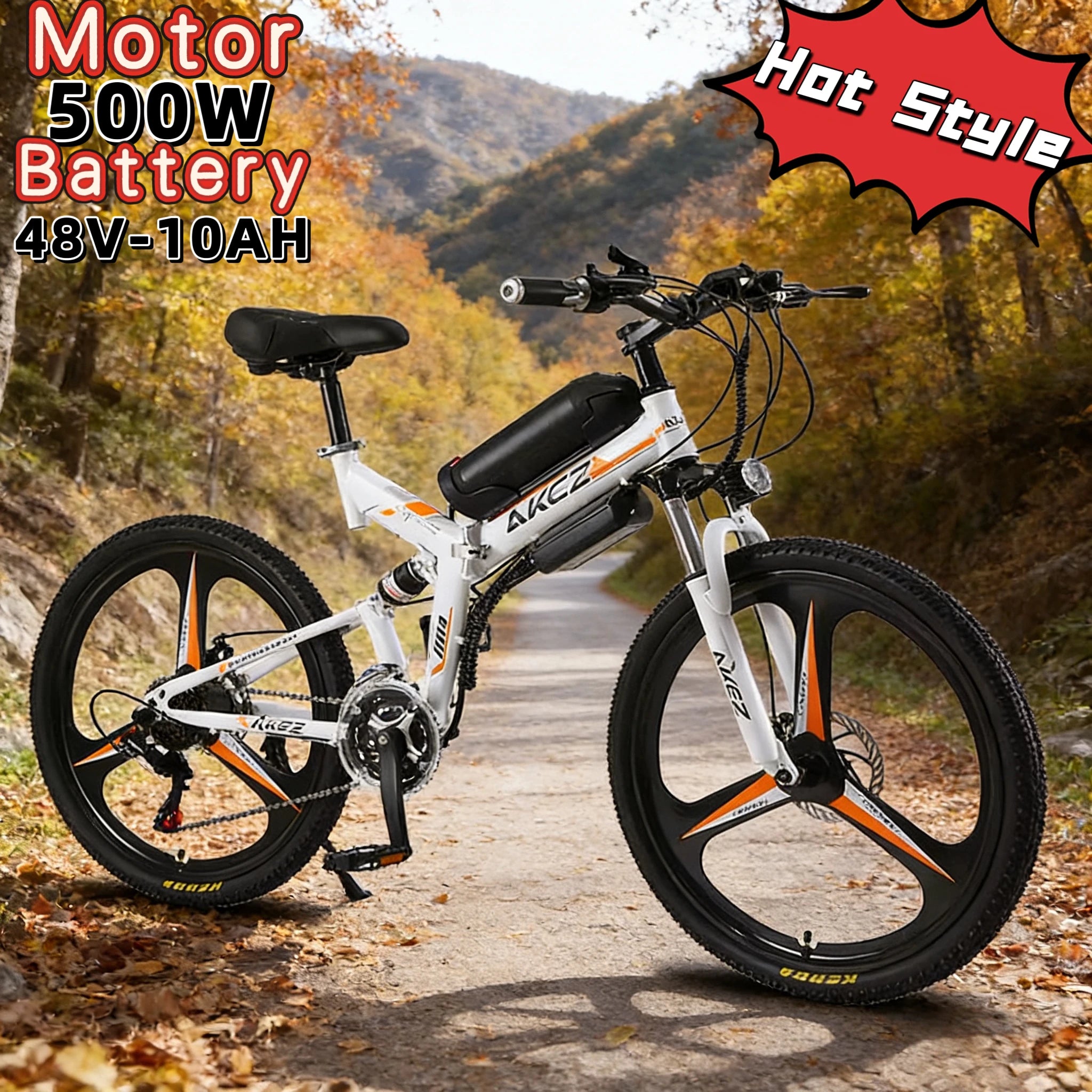White-500W-48V-10AH Color Folding 26-Inch Electric Mountain Bike – 500W Motor, 48V Battery